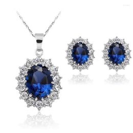 Necklace Earrings Set Round Sun Royal Blue Cubic Zirconia Pendant Covered With Crystal Women Fashion