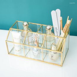 Storage Boxes Golden Edge Transparent Glass Makeup Brush Box Cosmetics Container Ring Pencil Lipstick Holder Make Up Brushes Organiser