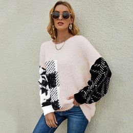 Women's Sweaters Autumn And Winter Mink Fleece Leopard Print Colorblock Plaid Pullover Loose Casual Warm SweaterWomen's