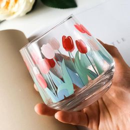 Wine Glasses Vintage Tulip Print Transparent Beer Whisky Milk Glass Cup Home Restaurant Mug