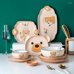 Plates Bear Pattern Porcelain Kitchen Dinnerware Set Bowls Rice Soup Spoon Dish Plate Children Kids Dinner