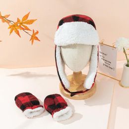 Hats Thicken Baby Kids Plaid Autumn Winter Warm Hat Ear Protection Caps Headwear Children Toddler Gloves Accessories 6-48 Months