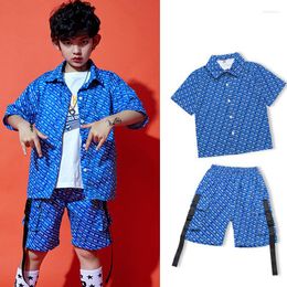 Stage Wear Children Jazz Modern Dance Costumes Blue Shirts Loose Shorts Kpop Outfit Boys Hip Hop Clothes Girls Festival DQS9785