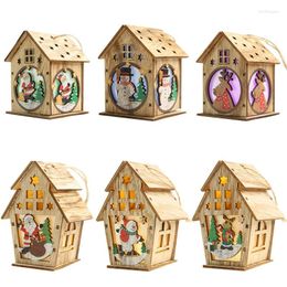 Christmas Decorations 6Pcs DIY Wooden House Tree Decoration LED Light Hanging Ornaments Year Gift For Kids