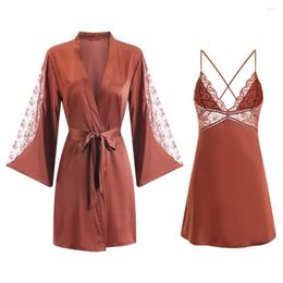 Women's Sleepwear Robe Gown Sets Women Satin Lace Breathable Loose Sexy V-neck 2pcs Nightshirts With Chest Pads