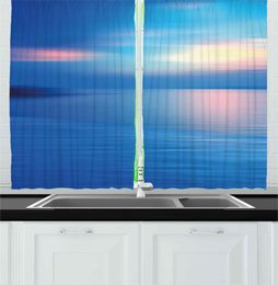 Curtain Turquoise Sky Blue Landscape Kitchen Curtains Panoramic Ocean Seascape View Dawn Or Sunset Romantic Print For Cafe