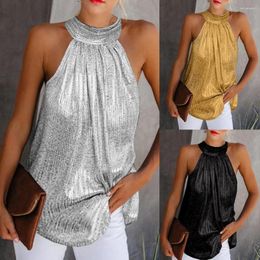 Women's Tanks Casual And Stylish Style Women Solid Color Sleeveless Mock Neck Shiny Halter T-shirt Tank Blouse For Cocktail Party