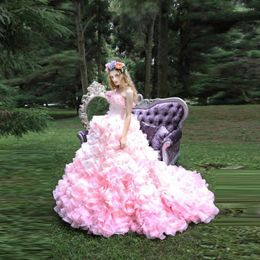 Casual Dresses Extra Tulle Floral Pink Fairy Bridal Dress Lace Up Vestido De Noiva 3D Flowers Princess Bride Layered Organza