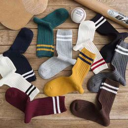 Women Socks Pure Color Female Trend In Tube Casual Versatile Korean Version Thick Stripe Loose High School Girls