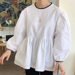 Women's Blouses 2023 Autumn Women Doll Shirt Causal Puff Long Sleeve Hit Color O-neck Blouse Korean Sweet Top Blusas Feminimos White 15333
