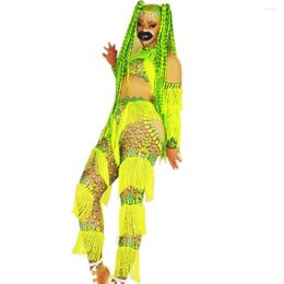 Stage Wear Fluorescent Green Tassel Sexy Bodysuits Neck-Mounted Costume Printing Floral Ladies Nightclub Performance Bar Dance Clothing