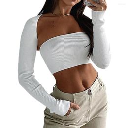 Women's Tanks 2023 Women Y2k Knitted Ribbed Tube Tank Tops With Long Sleeve Shrugs Slim Fit Streetwear For Spring Autumn Tees