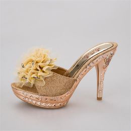 Slippers Summer Flower High Heels Beading Decor Formal Party Shoes Women Open Toe Non-Slip Wear-Resisting Mule Footwear