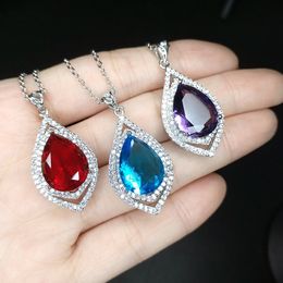 Pendant European and American style women Artificial red crystal zircon diamond white gold plated water drop purple pendant girls wedding party jewelry gift