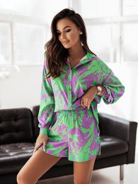 Women's Tracksuits Summer Fashion Print Sets For Women Casual Long Sleeves Shirt Top Shorts 2 Piece Set Woman Loose Pocket Suit Bohemian
