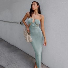 Casual Dresses 2023 Fashion Off-The-Shoulder Slim Party Dress Spring Summer Women Sexy Backless Halter Neck Strappy Slit Long
