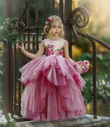 Girl Dresses 2023 Blush Pink Layered Tulle Flower Girls Ruffles Puffy Kids Bridal Party Gown Custom Made Tier Child Pageant Skirts