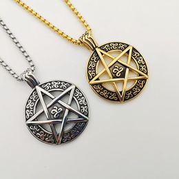 Pendant Necklaces Punk Pentacle Five Point Star Moon Pentagram Charm Vintage Gold Stainless Steel Men Tribe Necklace CAGF0179