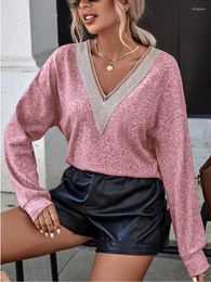 Women's T Shirts Soon Knitted Sweater 2023 Autumn Women Top T-shirt Lace V-neck Casual Solid Colour Loose Long Sleeve