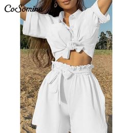 Women's Tracksuits CoSomina Casual Lace Up Short Sleeves Loose Women Set Summer White Black Solid Wide-leg Two Piece Sets Elastic Waist Suit
