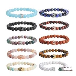 Beaded Strands 8Mm Fashion Beads Crown Charm Bracelet For Men Women Agate Tiger Eye Lava Natural Stone Yoga Handmade Couple Jewellery Dhyrx