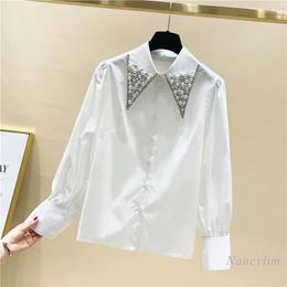 Women's Blouses Beads Diamond Doll Collar White Blouse Womens 2023 Spring Clothes Loose Lady Chic Top Female All-match Blusas Nancylim