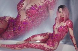 Women's Jumpsuits & Rompers Crystals Tight-fitting Stretch Leotard Sexy Stage Wear Lady Costume Flower Printing Rose Red Rhinestones Skinny