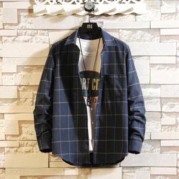 Men's T Shirts Spring Vintage Stand Collar Men T-Shirt Plaid Casual Long Sleeve Cotton Loose