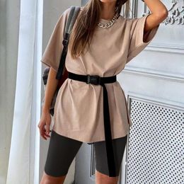 Women's Tracksuits Women's Tracksuit Casual Loose T-shirt & Shorts Sets Two Piece Set With Belt Solid Home Sports Wear Fashion