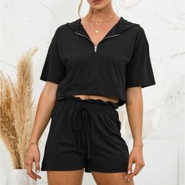 Women's Tracksuits Summer Women Tracksuit Solid Oversized Cotton Zipper Hooded T Shirt Shorts Home Outdoor Wear Two Piece Sets Sportswear