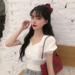 Women's Blouses Women Summer Puff-sleeve Shirts Square Collar Solid Pleated Sweet Girls Crop-top Korean Style Elegant Fashion Vintage