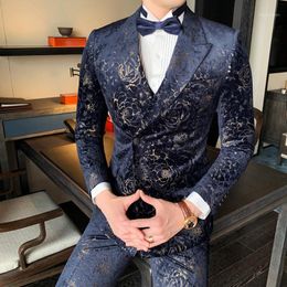 Men's Suits Asian Size Blue Men Prom Groom Wedding Patry Tuxedos Fashion Floral Printed Suit Mens 3Pcs Slim Fit Male & Blazers