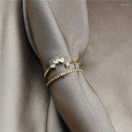 Sandrine 2pcs/Set thin gold ring band - 14K Real Gold Plated White Heart Design for Couples - Promise Engagement Finger Ring (SDR0009NE)