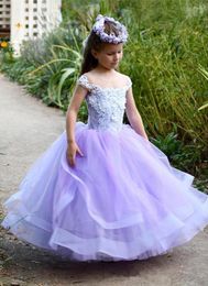 Girl Dresses Lavender Wedding Flower Sheer Neck Lace Appliques -3D Princess Party Gowns Puffy First Communion Pageant Gown