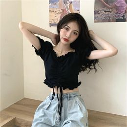 Women's Blouses Women V-neck Summer Puff Sleeve Shirts Chic Korean Style Crop Top Pleated Lace-up Sweet Slender All-match Ins Womens