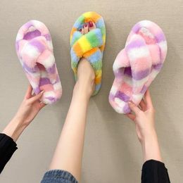 Women Slippers Coloured 836 Plush Drag 2024 Autumn And Winter Large Size Home Cross Cotton Indoor Thick-Soled Flip- 14