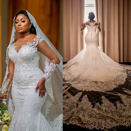 Plus Size Mermaid Wedding Dress Sheer Neck 3D Lace Appliques Pearls Wedding Gowns Custom Made Sexy Illusion Bridal Dresses