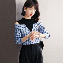 Women's Blouses Patchwork Women's Blouse Chiffon Slim Fit Stripe Shirt Summer Long Sleeve Casual Female Top Fashion 2023 Korean Clothing