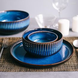 Bowls 8 Japanese Art Ceramic Blue Striped Rice Bowl Modern Home Retro Large Soup Noodle Dessert El Restaurant Tableware