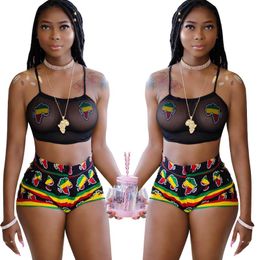 Women's Tracksuits Sexy Sheer Mesh Two Piece Set 2 Women Sleeveless See Through Crop Top And Printed Shorts Summer Party Outfits SetsWomen's