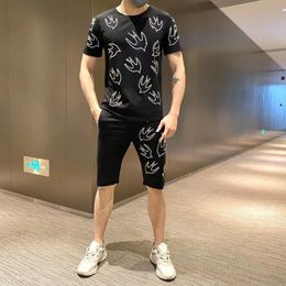 Men's Tracksuits Tracksuit Diamond High-quality Selling Tight Brand T-shirt Personalised Rhinestone Shorts 2-piece SetMen's