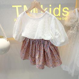 Clothing Sets 3-8 Years Little Girls Round Collar Suit Kid Middle Sleeve Short Skirt Outfits Lace Top Flower Printing Two-pieces Set