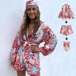 Women's Swimwear 3 Sets Vintage Totem Floral Print Women Shirt Shorts Scarf Casual Spring Summer Single Breasted Chic Streetwear -40
