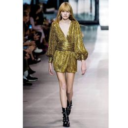 Casual Dresses Sexy V-neck Dress Sparkling Crystal Lantern Sleeve Gold Red Dinner Fashion Catwalk Mini Autumn Women's