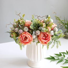 Decorative Flowers & Wreaths Artificial Peony Rose Berry Hybrid Bouquet Bridal Hand Wedding Flower Home Garden Party Decoration Fake FlowerD