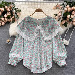 Women's Blouses Fashion Lace Stitching Big Lapel Shirt Women Autumn Clothes Retro Printing Loose And Thin Sweet Floral Blouse