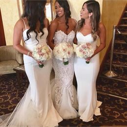 2023 African Sexy Bridesmaid Dresses White Wedding Guest Dress Spaghetti Straps Elastic Satin Ruched Mermaid Party Maid of Honour Gowns Sweep Train