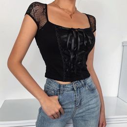 Women's Blouses Black Lace Up Goth Aesthetic Top Female Splicing Cute Kawaii Clothes Sexy Gothic 90s Short Sleeve Tops