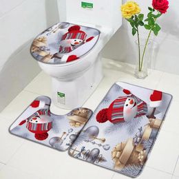 Bath Mats Christmas Set Funny Snowman Fir Branch Silver Xmas Balls Gift Year Bathroom Decor Carpet Non-Slip Rugs Toilet Lid