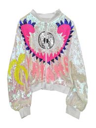 Women's Jackets Ins Harajuku Punk Cool Women Cartoon Eye Bling Sequined Jacket Hip Hop Girls Colourful Baseball Bomber Zipper Top OuterwearWo